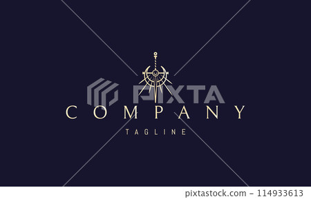 A vector golden logo with an abstract image of a shining sword against the background of the moon. A vector golden logo with an abstract image of a shining sword against the background of the moon. 114933613