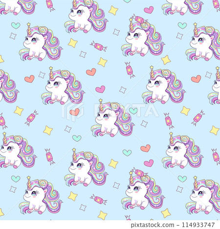pattern baby rainbow unicorn on a blue background pattern baby rainbow unicorn on a blue background 114933747
