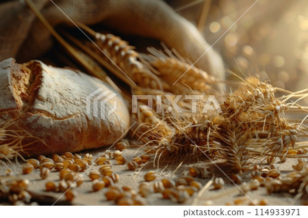 The concept of baking bread. Various breads and wheat varieties displayed on the table 114933971