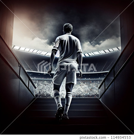 Abstract sports poster soccer player hitting the ball - AI generated image 114934553