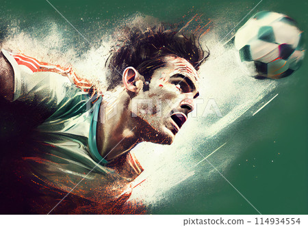 Abstract sports poster soccer player hitting the ball - AI generated image 114934554