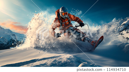 Snowmobile driving down the mountain - AI generated image 114934710