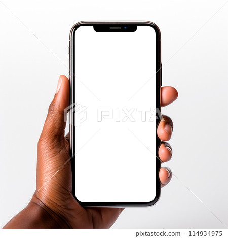 Smartphone in a man's dark-skinned hand, white screen template, white background - AI generated image 114934975