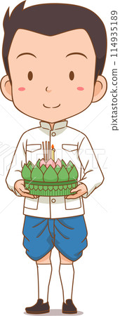 Cartoon character of man in traditional Thai costume holding a Krathong. 114935189