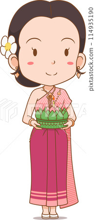 Cartoon character of woman in traditional Thai costume holding a Krathong. 114935190