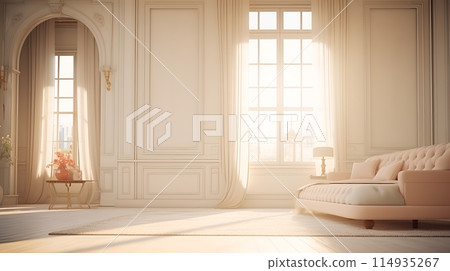 3D rendering of a beautiful living room interior with large wind 114935267
