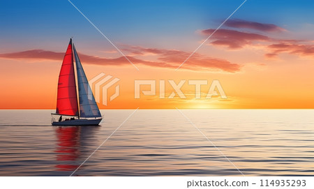 The crimson sails of a sailboat catch the rays of the setting su The crimson sails of a sailboat catch the rays of the setting su 114935293