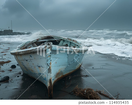 A boat is parked on a sandy beach while waves crash against it under the sky 114935435