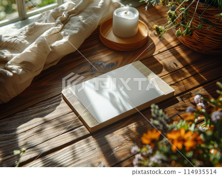 mockup photo of a blank white bookmark on top down view laying on the surface of a beautiful walnut table, 114935514