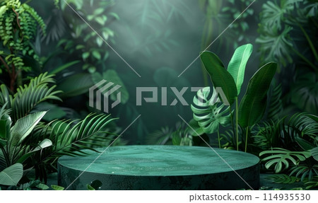 Dark green podium in tropical forest for product presentation and green background 114935530