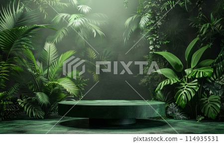 Dark green podium in tropical forest for product presentation and green background 114935531