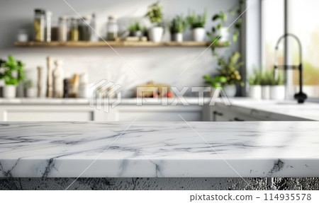 White table top on blur kitchen room background,Modern white White table top on blur kitchen room background,Modern white 114935578