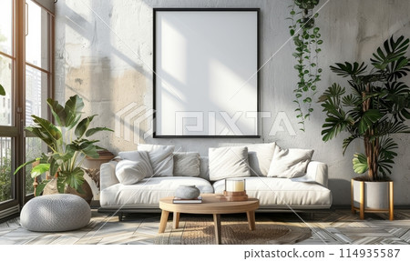 Poster frame mockup with vertical wooden frame in home interior background Poster frame mockup with vertical wooden frame in home interior background 114935587