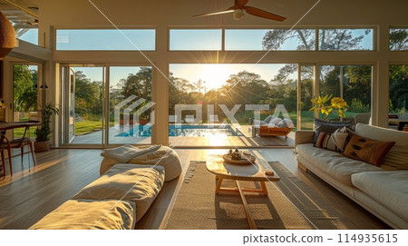 A living room of a beautiful bright modern Scandinavian style house with large windows opening onto a swimming pool. 114935615