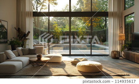 A living room of a beautiful bright modern Scandinavian style house with large windows opening onto a swimming pool. 114935617