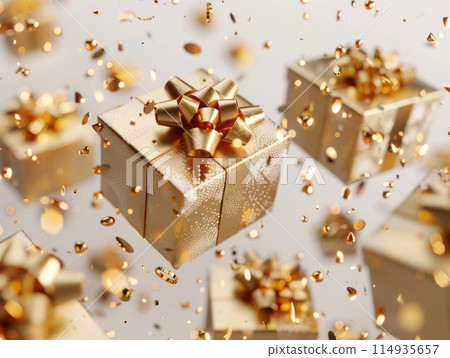 gift boxes floating in the air, golden color theme isolated on white background, 114935657