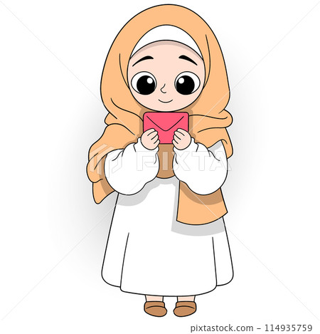 beautiful woman wearing a hijab holding a letter to a man 114935759