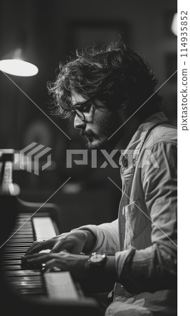 a young composer sits alone, his fingers tracing the keys of his piano. a young composer sits alone, his fingers tracing the keys of his piano. 114935852