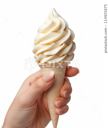hand of a woman holding an ice cream, isolated white background hand of a woman holding an ice cream, isolated white background 114935875