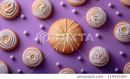 A creative advertisement for cookies with purple glaze, on the background of an empty basketball court with white lines a 114935894