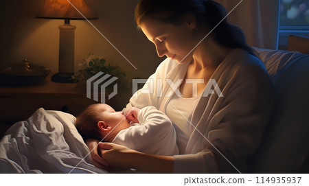 mother with her newborn baby in a bedroom 114935937