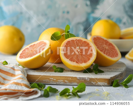 orange and mint on wooden board orange and mint on wooden board 114936055