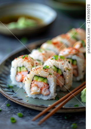 california roll with rice on the outside, avocado, cucumber, crab sticks on a plate 114936078