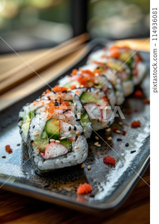 california roll with rice on the outside, avocado, cucumber, crab sticks on a plate 114936081