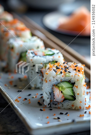 california roll with rice on the outside, avocado, cucumber, crab sticks on a plate 114936082