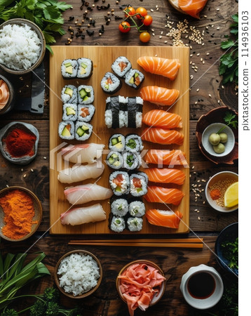 wooden countertop with sushi making materials and ingredients top view 114936103