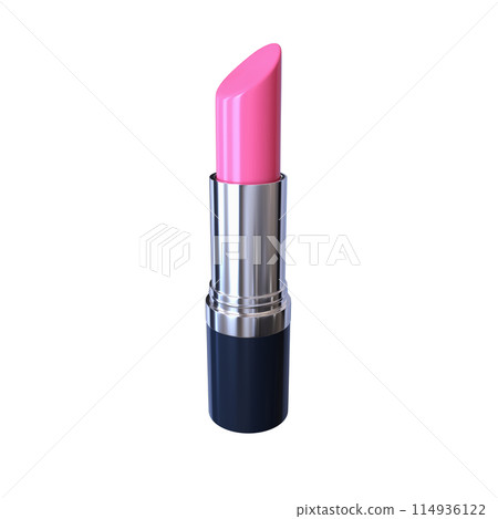 Pink lipstick in black and silver tube close up isolated 3d rendered illustration. Lip makeup accessory. Cosmetics clipart design element. Glossy glamour fashion product. 114936122