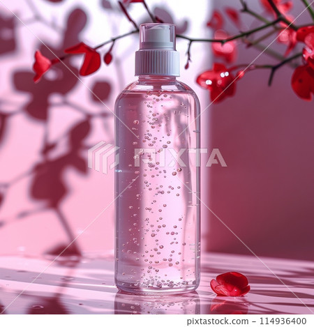 A bottle of white skin care products stands on light pink background 114936400