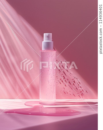 A bottle of white skin care products stands on light pink background 114936401