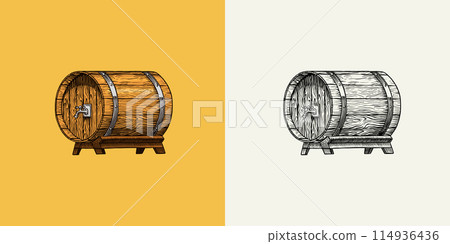Beer in a wooden barrel, classical alcohol. Engraved in ink hand drawn in old sketch for oktoberfest 114936436