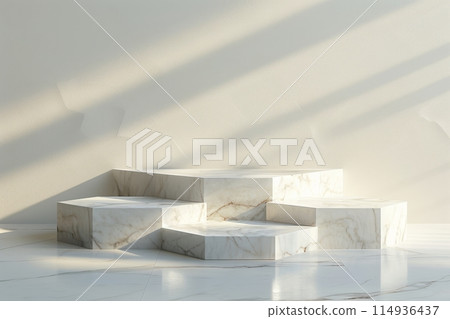 4 white marble hexagonal podiums on a simple background for product display 4 white marble hexagonal podiums on a simple background for product display 114936437