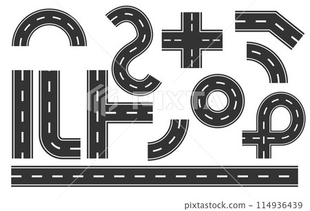 City road and highway top view with footpaths and crossroads. Circle and curve roadway parts. City road and highway top view with footpaths and crossroads. Circle and curve roadway parts. 114936439