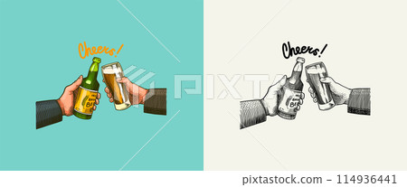 Cheers toast. Vintage beer badge. Alcoholic Label. Classic frame for poster banner. Glass with drink 114936441