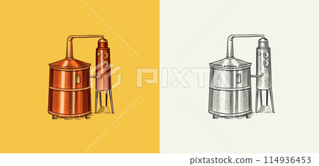 Distilled alcohol. Device for preparing tequila, cognac and spirits. Engraved hand drawn vintage Distilled alcohol. Device for preparing tequila, cognac and spirits. Engraved hand drawn vintage 114936453