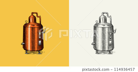 Distilled alcohol. Device for preparing tequila, cognac and spirits. Engraved hand drawn vintage 114936457