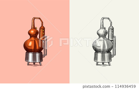 Distilled alcohol. Device for preparing tequila, cognac and spirits. Engraved hand drawn vintage 114936459