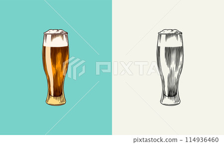 Beer, classical alcohol. Glass mug with drink. Cheers toast. Engraved in ink hand drawn in old Beer, classical alcohol. Glass mug with drink. Cheers toast. Engraved in ink hand drawn in old 114936460