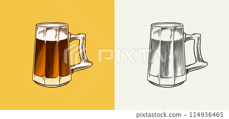 Beer, classical alcohol. Glass mug with drink. Cheers toast. Engraved in ink hand drawn in old Beer, classical alcohol. Glass mug with drink. Cheers toast. Engraved in ink hand drawn in old 114936465