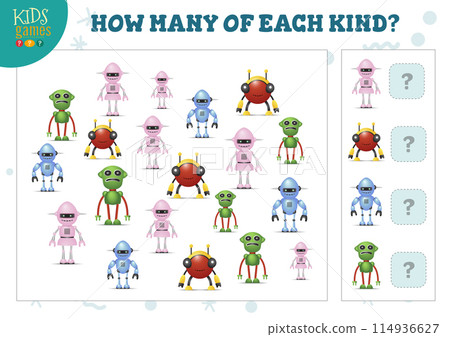 How many of each kind cartoon robot counting game for kids vector illustration How many of each kind cartoon robot counting game for kids vector illustration 114936627