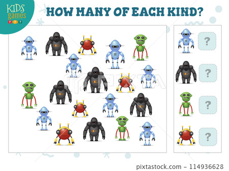 How many of each kind cartoon robot kids counting game vector illustration How many of each kind cartoon robot kids counting game vector illustration 114936628