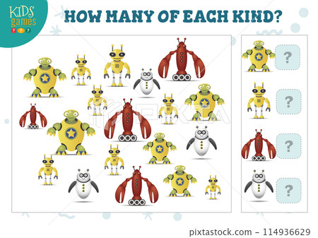 How many of each kind cartoon robot kids counting game vector illustration How many of each kind cartoon robot kids counting game vector illustration 114936629
