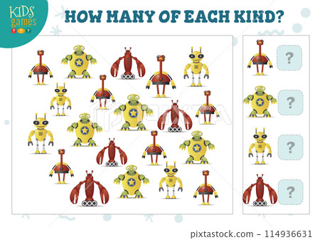 How many of each kind cartoon robot kids counting game vector illustration 114936631