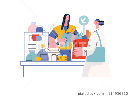 Mutual Support: Bringing groceries to food bank -modern flat vector concept illustration of people donating food to food pantry A metaphor of voluntary, collaborative exchanges of resource, services 114936810