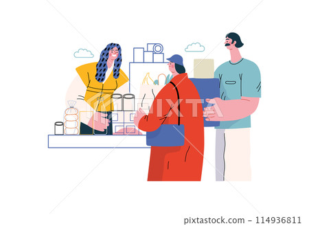 Mutual Support: Bringing groceries to food bank -modern flat vector concept illustration of people donating food to food pantry A metaphor of voluntary, collaborative exchanges of resource, services 114936811