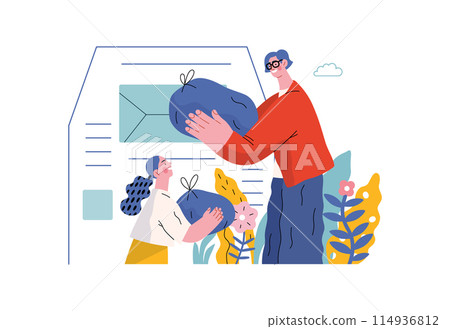 Mutual Support Giving clothes to donation bins -modern flat vector concept illustration of people placing bags of clothes into drop-off box A metaphor of voluntary, collaborative exchanges of resource 114936812
