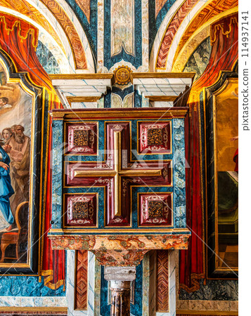 Interior of the Chapel of Saint Sebastian, Ermida de Sao Sebastiao at Tavira, Algarve, Portugal. 114937141